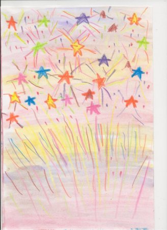 «Праздничный салют над городом» (восковые мелки + акварель)