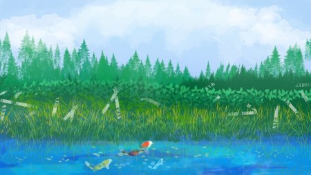 Озеро в лесу рисунок