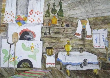 Рисование интерьер избы