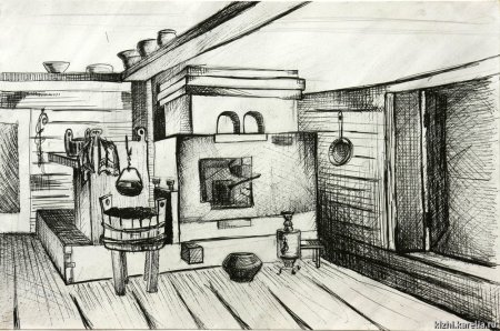 Эскиз внутреннего убранства русской избы