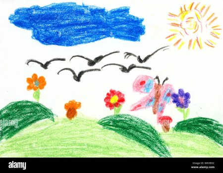 Солнце небо и птицы детский рисунок фломастерами