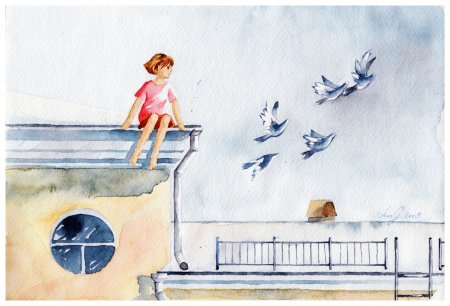 Нарисованная девочка на крыше