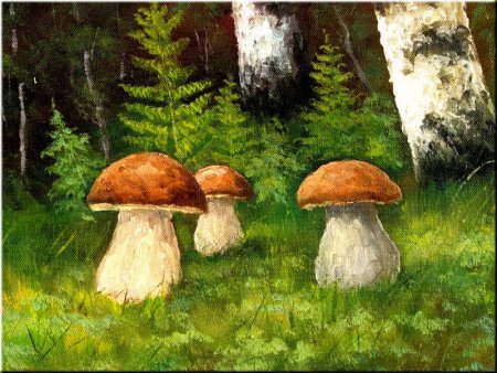 Живопись грибы в лесу