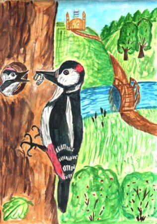 Дятел в лесу рисунок цветными карандашами