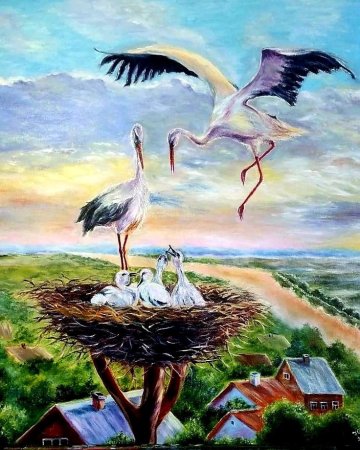 Аистов в гнезде акварель