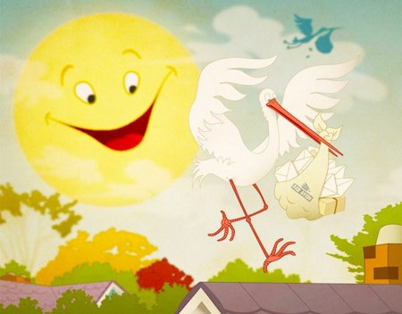 Мультяшный Аист несет ребенка