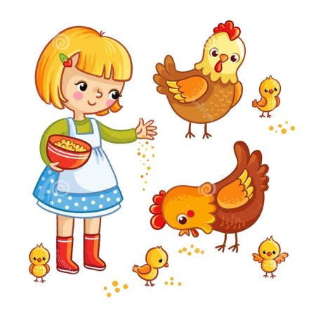 Девочка кормит цыплят