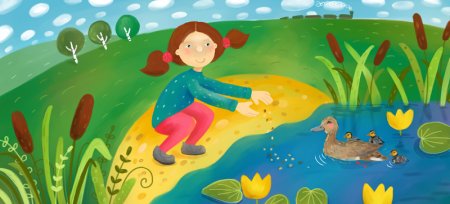 Иллюстрация дети на пруду