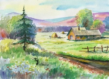 Летний пейзаж цветными карандашами