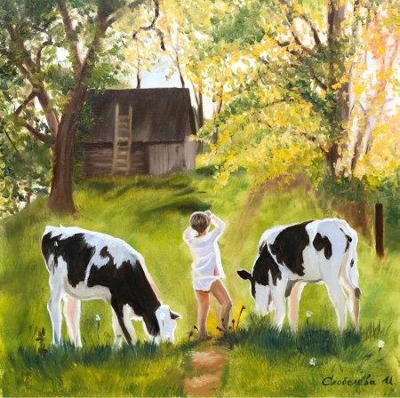 Картина деревня летом