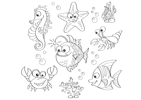 Морские обитатели черно белые детские