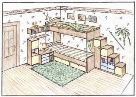 Рисунок комнаты с двухэтажной кроватью
