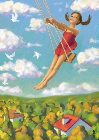 Счастливая девочка на качелях