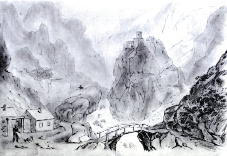Дарьяльское ущелье с замком царицы Тамары. Карандаш. 1837