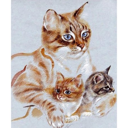 Кошка с котятами акварель