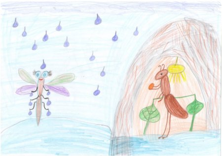 Рисунок к басне Крылова Стрекоза и муравей