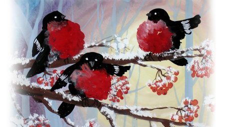 Снегирь на ветке рябины гуашью