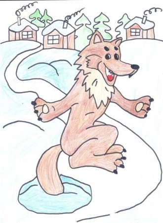 Детский рисунок к сказке Лисичка сестричка и серый волк