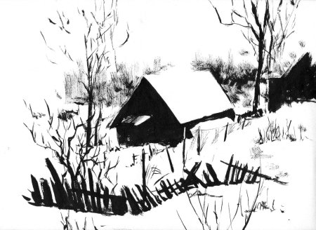 Сельский пейзаж тушью