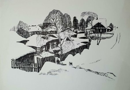 Линогравюра сельский зимний пейзаж