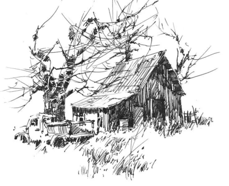 Сельский пейзаж тушью