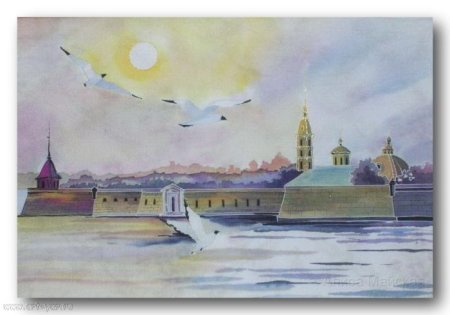 Зимний Санкт Петербург акварель Петропавловская крепость