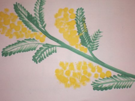 Веточка мимозы ватными палочками