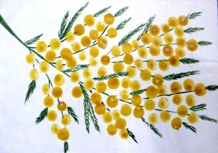 Веточка мимозы ватными палочками