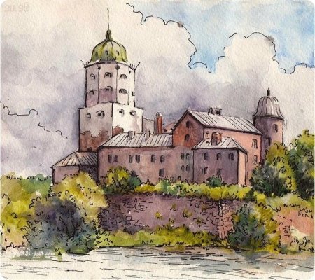 Выборгский замок акварель