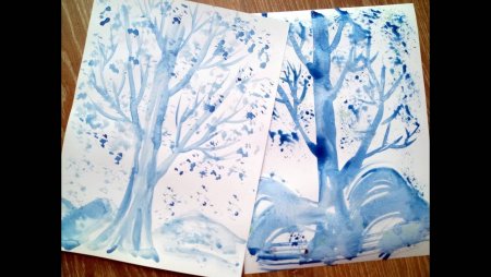 Рисование красками деревья зимой