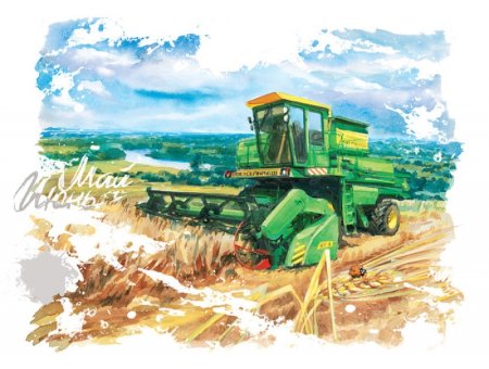 Комбайн на поле живопись