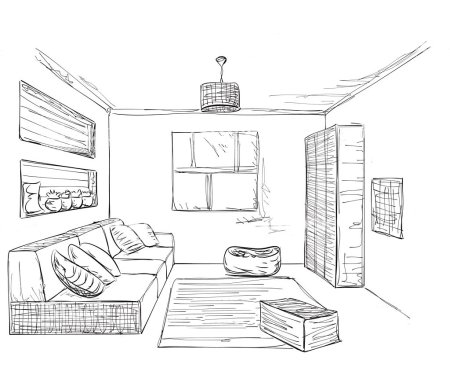 Рисование комнаты с мебелью