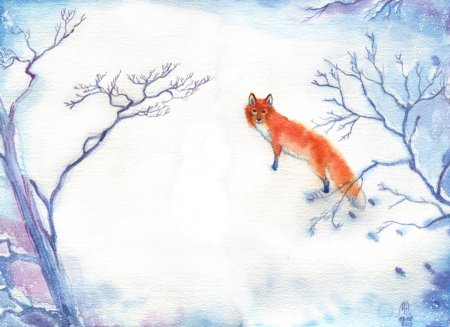 Лисица акварелью в сугробе