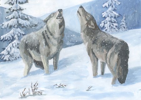 Пейзажи гуашью с волками