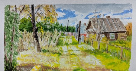 Деревенский пейзаж карандашом