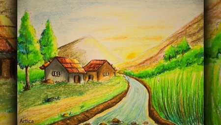 Сельский пейзаж детский рисунок