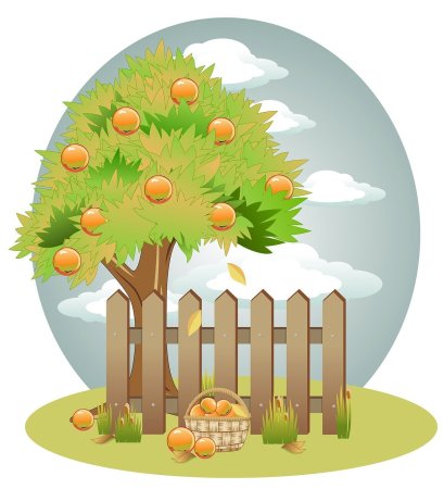 Мультяшный сад с забором и деревьями