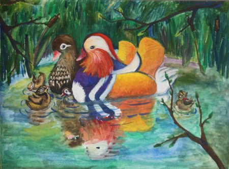 Утка Мандаринка гуашью