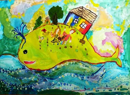 Рыба кит рисование домика