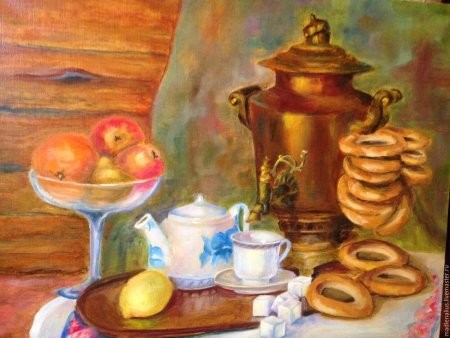Натюрморт самовар с баранками