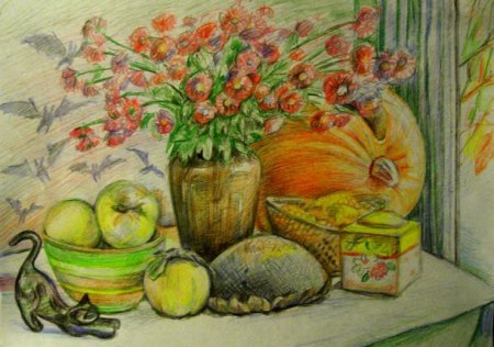 Карандашные рисунки Деревенские натюрморт со шляпой