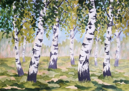 Березовая роща акварелью