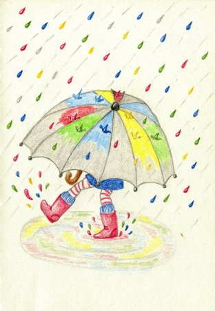 Рисование красками зонтик и дождь