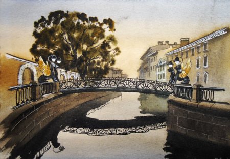 Банковский мост акварель Санкт-Петербург