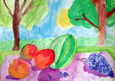 Фрукты красками для детей