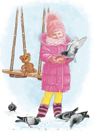 Девочка кормит птиц