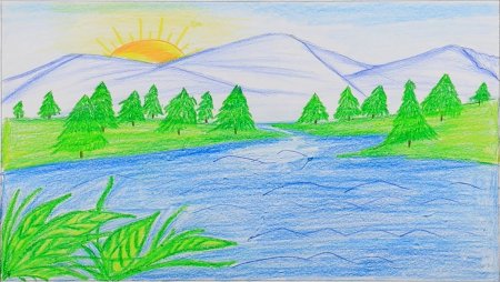 Пейзаж акварельными карандашами
