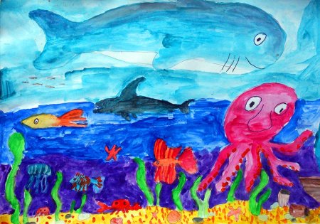 «Подводное царство» (граттаж + восковые мелки)