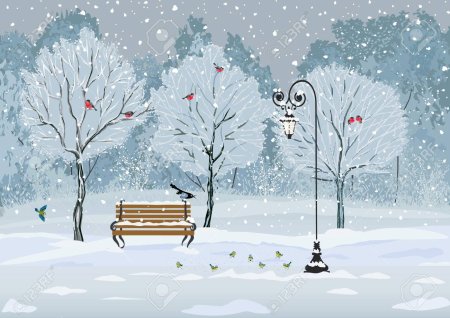 Зимняя скамейка в парке рисунок