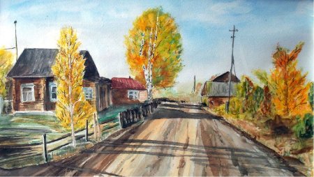 Деревенский пейзаж цветными карандашами